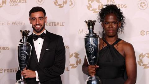 Bruno Fernandes and Khadija Shaw with theeir awards.
