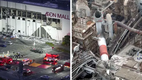 Composite image of damaged mall and fallen chimney at paper factory