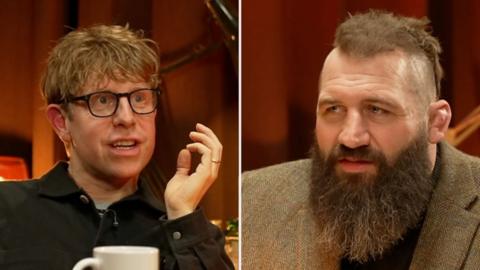 Composite image of Josh Widdicombe and Joe Marler. Josh wears black glasses and a black shirt. Joe has a beard and wears a brown suit jacket 