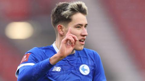 Rubin Colwill celebrates scoring a goal for Cardiff City