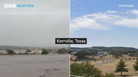 Before and after pictures of flooding in Kerville, Texas 
