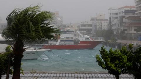 High winds and wet weather at a marina in Ishigaki Island, in Japan's Okinawa Prefecture. Wind blows through a palm tree and boats are seen on a choppy sea close to the quay.