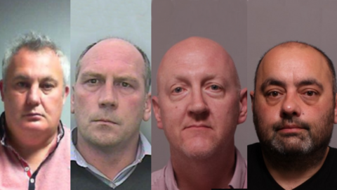 Four men are seen in mugshots provided by Devon and Cornwall Police. They are defendants Heyward, Baker, Paterson and King. 