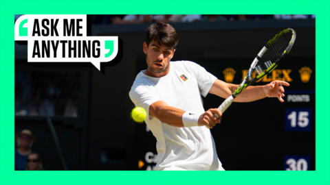 A graphic of Carlos Alcaraz hitting a backhand with 'Ask Me Anything' displayed in the top left