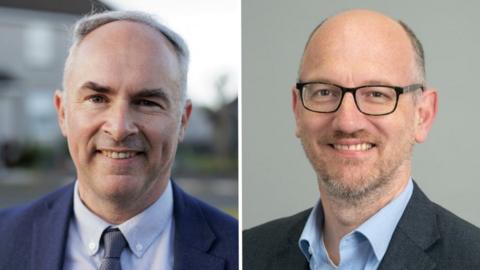 composite image, Alex Easton pictured smiling on left wearing a navy suit jacket and tie with light blue shirt, Peter Martin on right pictured against a grey background, wearing a grey suit jacket, baby blue shirt and black glasses