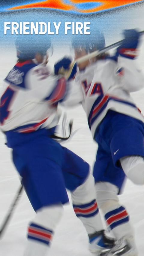 Auston Matthews and Jack Hughes crash into each other in the USA’s ice hockey match against Germany