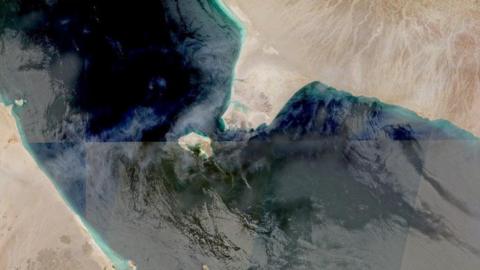 The Bab al-Mandab Strait in an aerial image.