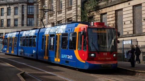 A tram in central Sheffield