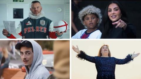 Wayne Rooney as William Shakespeare, Kim Kardashian and her son, Timothee Chalamet and Susan Boyle - in a four-way split picture. All images taken from prominent recent World Cup adjacent adverts 