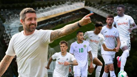 A combined image of Alan Sheehan and Swansea signings Ethan Galbraith, Adam Idah, Marko Stamenic, Cameron Burgess and Zeidane Inoussa