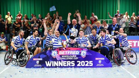 Halifax Panthers wheelchair rugby team celebrate their Challenge Cup victory