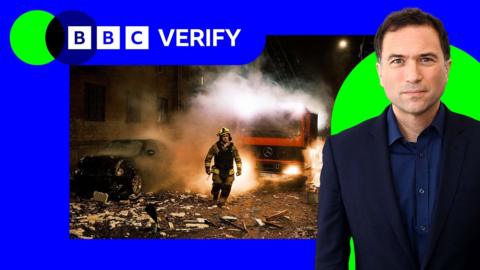 Ros Atkins before an image of a firefighter. He is surrounded by the BBC Verify colours. 