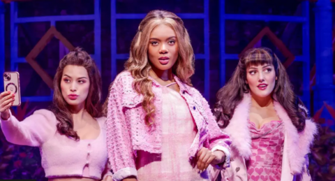 Vivian Panka stands centre in a trio, wearing a pink studded jacket and pink chequered dress with brown hair. On each side of her stands a member of the Plastics clique, Gretchen Wieners and Karen Smith, both of whom wear bright pink jackets