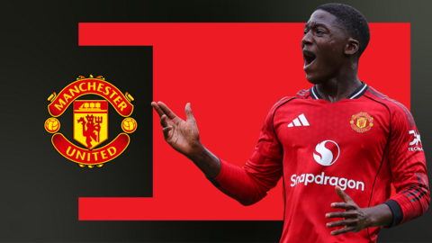 Kobbie Mainoo in a red Manchester United shirt in front of a red background and a United crest