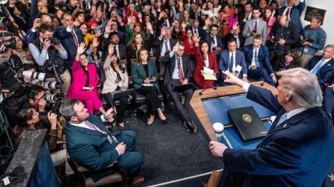 US President Donald J Trump calls on reporters during a media briefing on Iran from the White House in Washington, DC, USA, 06 April 2026.