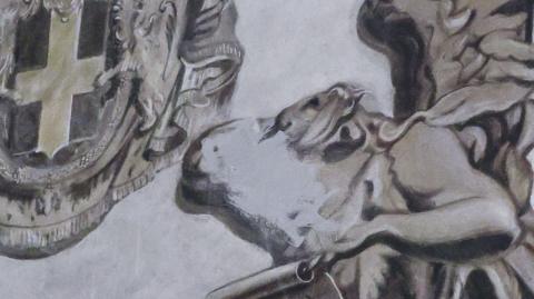 Close up of the fresco, which is mostly shades of grey and brown, and the angels face is crudely scrubbed out