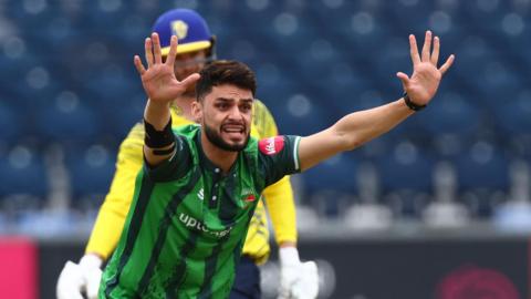 Naveen Ul-Haq appeals for lbw during his spell with Leicestershire in the T20 Blast in 2023