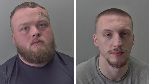 Two police mugshots of men staring at the camera. The man on the left has brown hair and a reddish beard and is wearing a blue T-shirt. The man on the right has a shaved brown hair and a goatee and is wearing a grey sweatshirt.Both are looking into the camera.