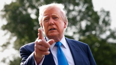 Donald Trump pointing at a cameras