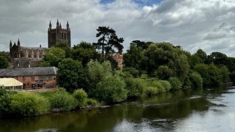 View of Hereford Cathedral and the River Wye in Hereford