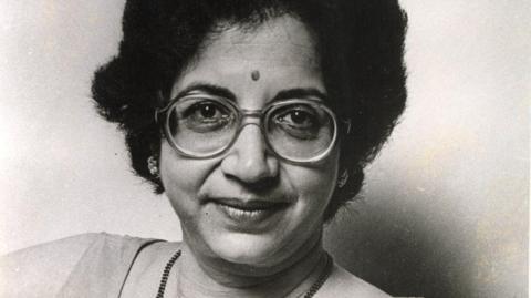 A black-and-white photo of Vijaya Mehta