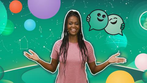 Oti Mabuse wearing a pink t-shirt and holding her hands wide open. Standing on a green graphic background that contains planets and smiling emojis.