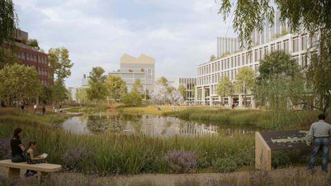 An artist's impression of the redesigned park. In the centre there is a small lake, bordered by grass, trees and flowers. There are benches where parents and children are reading and some are walking the lakeside paths. In the background are three large, individually designed, office and lab buildings.