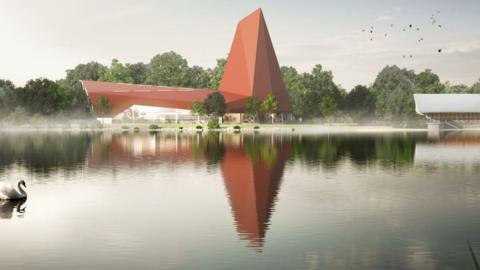 Illustrative image of a red roofed building next to a lake. The roof on the left of the building looks like an average roof, but on the right side it had built in the shape of a giant triangle, towering above the trees.