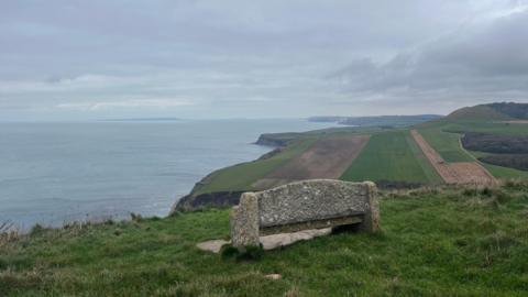 A very old stone bench is perched on a clifftop among long grass, looking onto the sea. The rest of the coast stretches away below, and off into the distance.