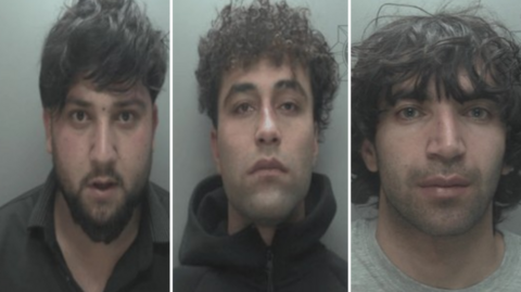 A composite message of three men, taken from police custody photos. They all have dark hair and are staring into the camera.