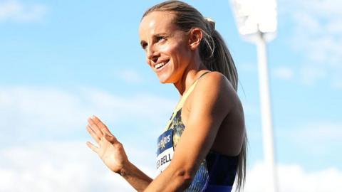: Georgia Hunter Bell of Team Great Britain celebrates victory in the Women's 1500 Metres Final 