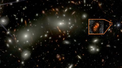 Alaknanda is located near the right centre of the image (see zoomed image in inset). The central portion of the image is dominated by bright galaxies of the Abell 2744 cluster. The cluster acts as a gravitational lens and magnifies (and in some cases, distorts) galaxies lying in the background. Alaknanda is magnified by a factor approximately two, making this faint galaxy easier to detect.