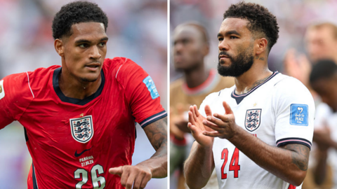 A split picture of Jarell Quansah and Reece James playing for England