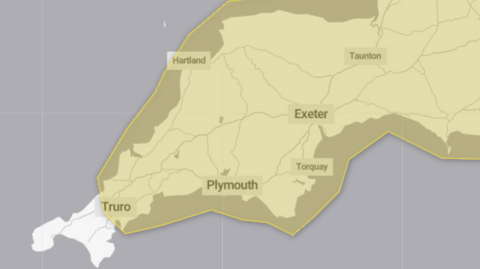 A map of Devon and Cornwall. There is a yellow shape around the map. 