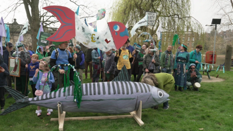 A large grey model fish can be seen in front of about 40 to 60 people, some waving banners and placards, by the river. They are standing on grass.