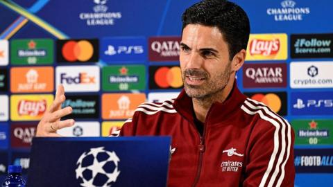 Mikel Arteta speaking at his pre-match press conference in Bilbao
