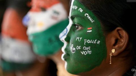 College students with painted faces spread awareness for first generation voters during an election campaign ahead of India's upcoming national elections in Chennai on March 19, 2024. (Photo by R. Satish BABU / AFP) (Photo by R. SATISH BABU/AFP via Getty Images)