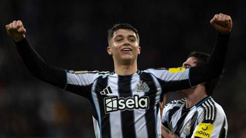 Lewis Miley celebrates after scoring for Newcastle United against Fulham at St James' Park on 17 December, 2025