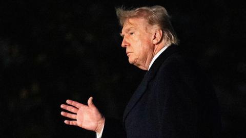 A side profile of Donald Trump at night.