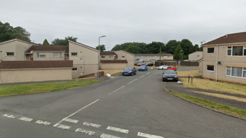 Street view of the entrance of Southall Avenue, Skewen, Neath. There are beige housing blocks either side of the road, with cars parked by the pavement on each side. A row of trees and a grey sky can be seen in the background. 