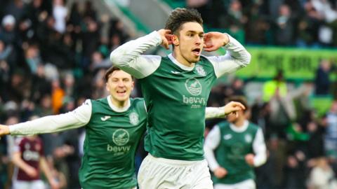 Kieron Bowie celebrates scoring against Hearts