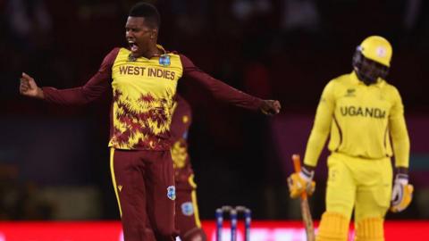 Akeal Hosein celebrating a wicket against Uganda