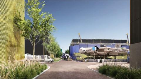 An artist's impression of what the studio could look like, showing a back lot with trees, blues skies and a blue screen for filming. There is also a Millennium Falcon from Star Wars in front of the blue screen, with characters standing in front of the spaceship.