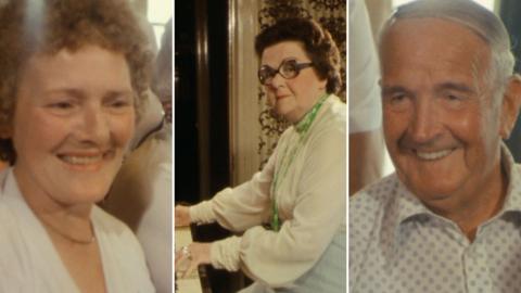 Peggy Fullerton performing piano in a pub in the 1980s. Two smiling patrons are also featured
