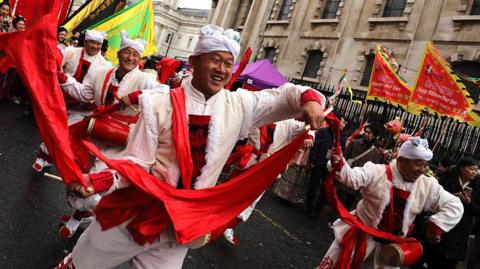 Musicians perform during the Chinese New Year parade on February 22, 2026 in London, England