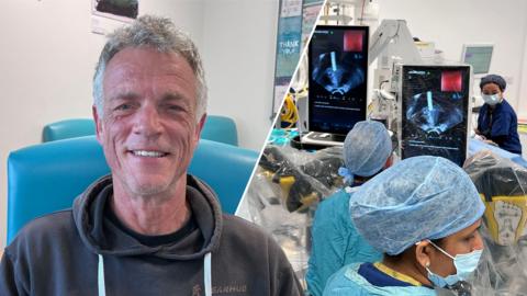 split image of Andy Ocock (left) and surgeons using AI technology (right)