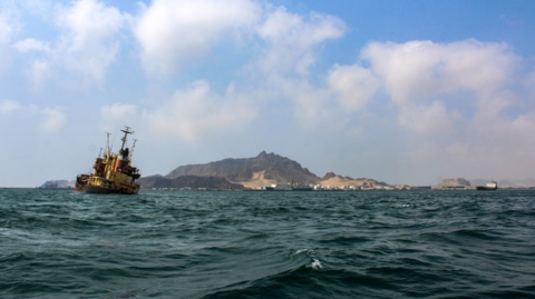 A picture taken on 26 September 2019 shows a view of the Yemeni flagged oil tanker Rudeef GNA, sinking in the waters off Yemen's second city and port of Aden