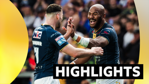 Maika Sivo of Leeds celebrates with Jake Connor after scoring a try