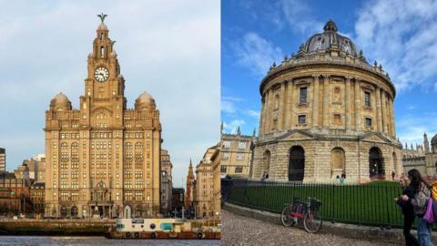 Composite of Liver building in Liverpool and Oxford University's circular library.