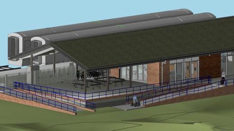 CGI image of how the Cottam Parkway railway station could look. It is a single storey building with wheelchair access up to a single platform with a red brick building to the side